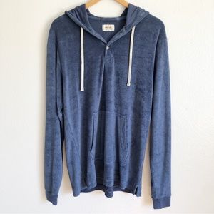 Marine Layer Blue Velour Henley Button Sweatshirt Hoodie With Kangaroo Pockets